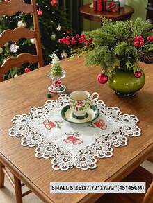 1pc 100% Polyester Christmas Table Runner With Lace Trim, Embroidered Red Candle, Bell And Holly Leaf Pattern, White Holiday Dining Table Decor, Suitable For Winter Party Home Decoration - White - View 13
