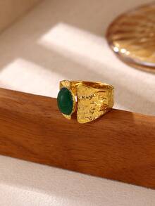 Stainless Steel Leopard Print Stone & Artificial Turquoise Textured Geometric Wide Band Ring, Suitable For Women, Mothers And Best Friends, 18K Gold Plated Wedding, Party And Holiday Matching Jewelry, Extraordinary Gift - Multicolor - View 6