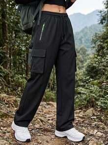 Women's Spring/Autumn Solid Color Multi-Pocket Cargo Pants, Straight Leg Zipper Outdoor Sports Long Pants Black - Black - View 1
