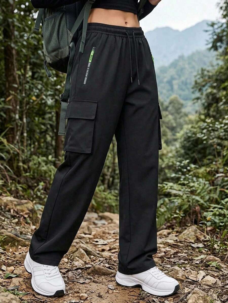 Women's Spring/Autumn Solid Color Multi-Pocket Cargo Pants, Straight Leg Zipper Outdoor Sports Long Pants Black - Black - View 1