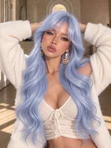 alicegarden 28-Inch Long Synthetic Wig Featuring A Natural Wavy Style In A A Stunning Blue. Middle Part Design , This False Hairpiece Is Perfect For Ms Daily Party Cosplay Use, Offering A Natural And Natural Durable Wig Gift For Ladies. - Blue - View 5