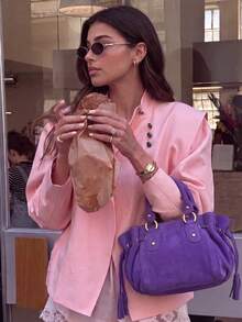 Women Asymmetric Collar Oversized Short Jacket Decor Button Drop Shoulder Loose Fit Solid Pink Outerwear Fall Streetwear Coat - Pink - View 1