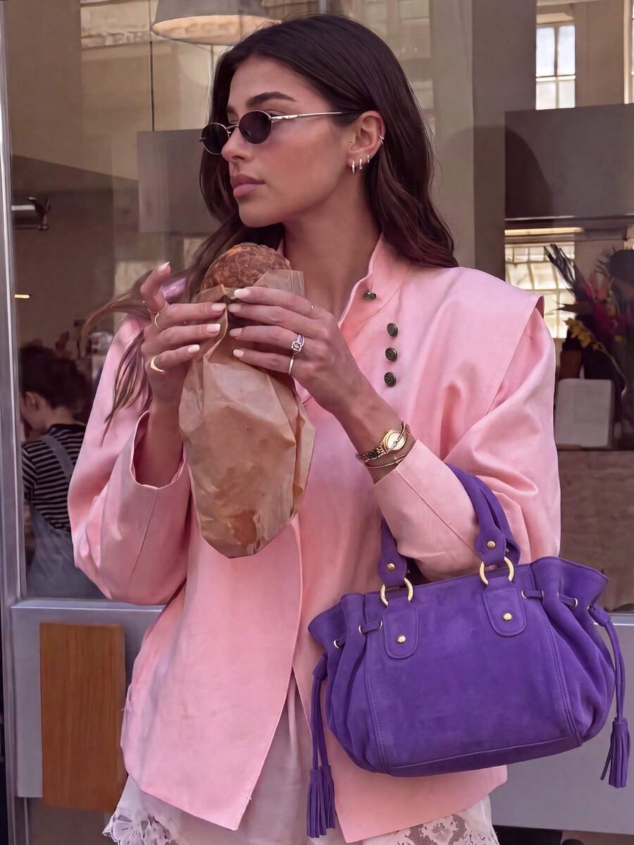 Women Asymmetric Collar Oversized Short Jacket Decor Button Drop Shoulder Loose Fit Solid Pink Outerwear Fall Streetwear Coat - Pink - View 1