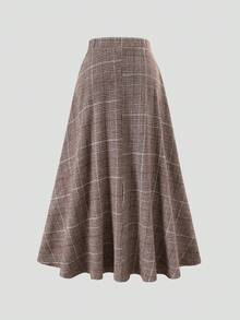 EARO Women's Vintage Plaid Long A-Line Skirt With Gold Buttons, Suitable For Autumn Wear - Brown - View 3