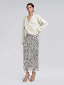 Rich Radi Q's Fashion Women's V-Neck Knit Top, Embellished With Sparkling Rhinestones, Long Sleeve, Unique Wrap Detail, Winter Fashion Outfit Choice - White - View 5