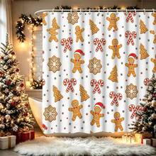 1/4 Piece Bathroom Curtain Set, Includes Non-Slip Rug, Toilet Lid Cover And Bath Mat, Christmas Gingerbread Man Candy Cane Snowflake Pattern Waterproof Shower Curtain, With 12 Hooks, Suitable For Bathroom, Size 70.8*70.8 Inches - A - View 23