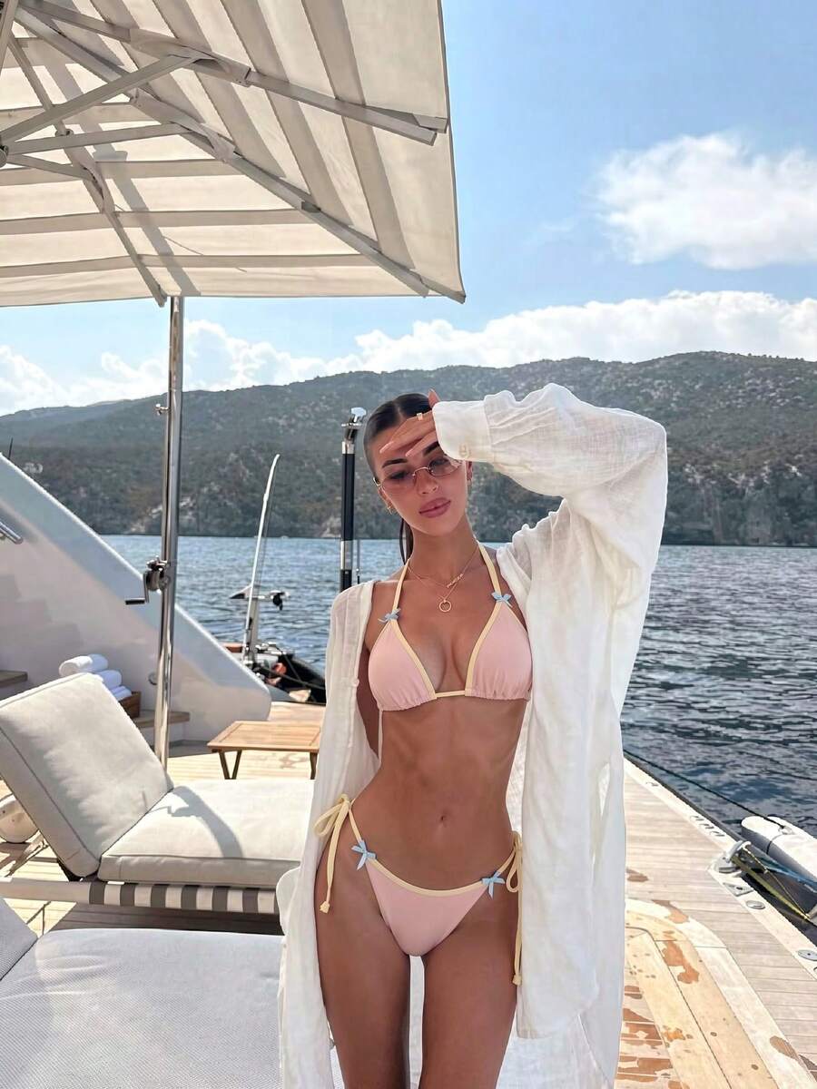 Women's Halter Triangle Bikini Set High Elasticity Swimsuit Side Tie Contrast Binding Beach Swimwear - Multicolor - View 1