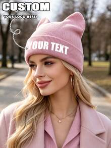 1 chiếc mũ len beanie tai mèo đan tùy chỉnh, mũ mùa đông in chữ cá nhân hóa, phong cách Hàn Quốc Y2K dễ thương, mũ ấm có gập vành - Nhiều màu - Xem 3