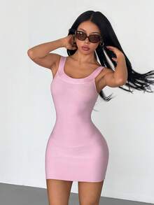 Women's Elegant Solid Color Spaghetti Strap Knit Dress - Pink - View 5