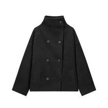 Women's Solid Color Vintage Double-Breasted Funnel Neck Coat, Long Sleeve Regular Fit Jacket, Autumn/Winter Commute Style - Black - View 4