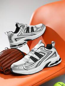 1 Pair Contrast Color Retro Chunky Sneakers Casual Sports Running Shoes Mesh Breathable Comfortable Shock-Absorbing Soft & Bouncy - Silver - View 3