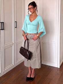 Blus Wanita Model V-Neck Lengan Lebar Pendek Pas Badan Berlipit Gaya Y2K Kasual Fashion - Mint Green - View 5
