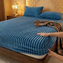 Faux Rabbit Fur Striped Fitted Sheet (Pillowcase Not Included), Thickened Warm Fleece Bed Cover For Autumn/Winter, High Elasticity Semi-Wrap Fitted Sheet, 3D Vertical Stripe Design, Soft Skin-Friendly Faux Rabbit Fur Fabric, Heat Retention And Temperature Locking, Smooth Touch And No Shedding, Tight Fit For Mattress, Elastic Band Edge, Stable And Non-Slip, Dust Protection For Mattress, Minimalist Solid Color With Multiple Options, Soft And Comfortable, Machine Washable And Anti-Pilling - Lake Blue - View 2
