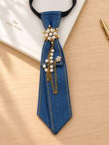 1pc Women's Pearl Chain Fashion Denim Necktie Accessory, Suitable For Office, Business, Casual And Daily Wear - Multicolor - View 5