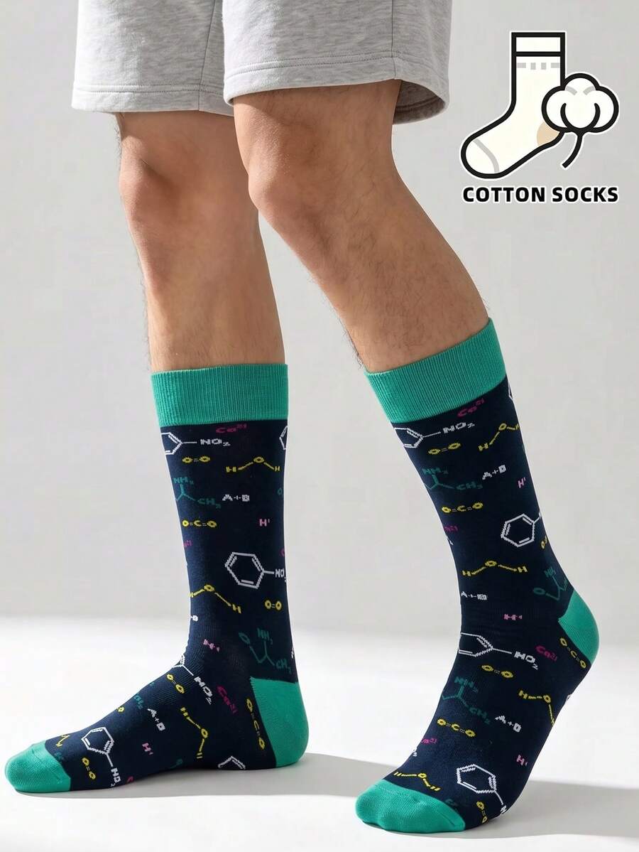 1 Pasang Kaos Kaki Boat Bermotif Molekul & Rumus Kimia yang Menarik, Manset & Ujung Kaki Warna Hijau Mint Kontras, Kaos Kaki Katun Lembut Sepanjang Betis untuk Pria - MultiWarna - View 1