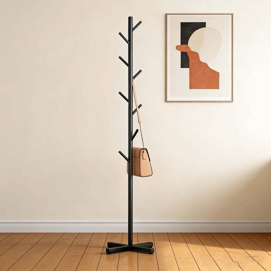 1pc Modern Freestanding Iron Coat Rack, Bedroom Clothes Hanger With Cross Base, Seamless Connection, Smooth Pole, Adjustable Stable Base, Suitable For Coats And Hats - Cross-shaped Tree Branch Design [Black] - View 1