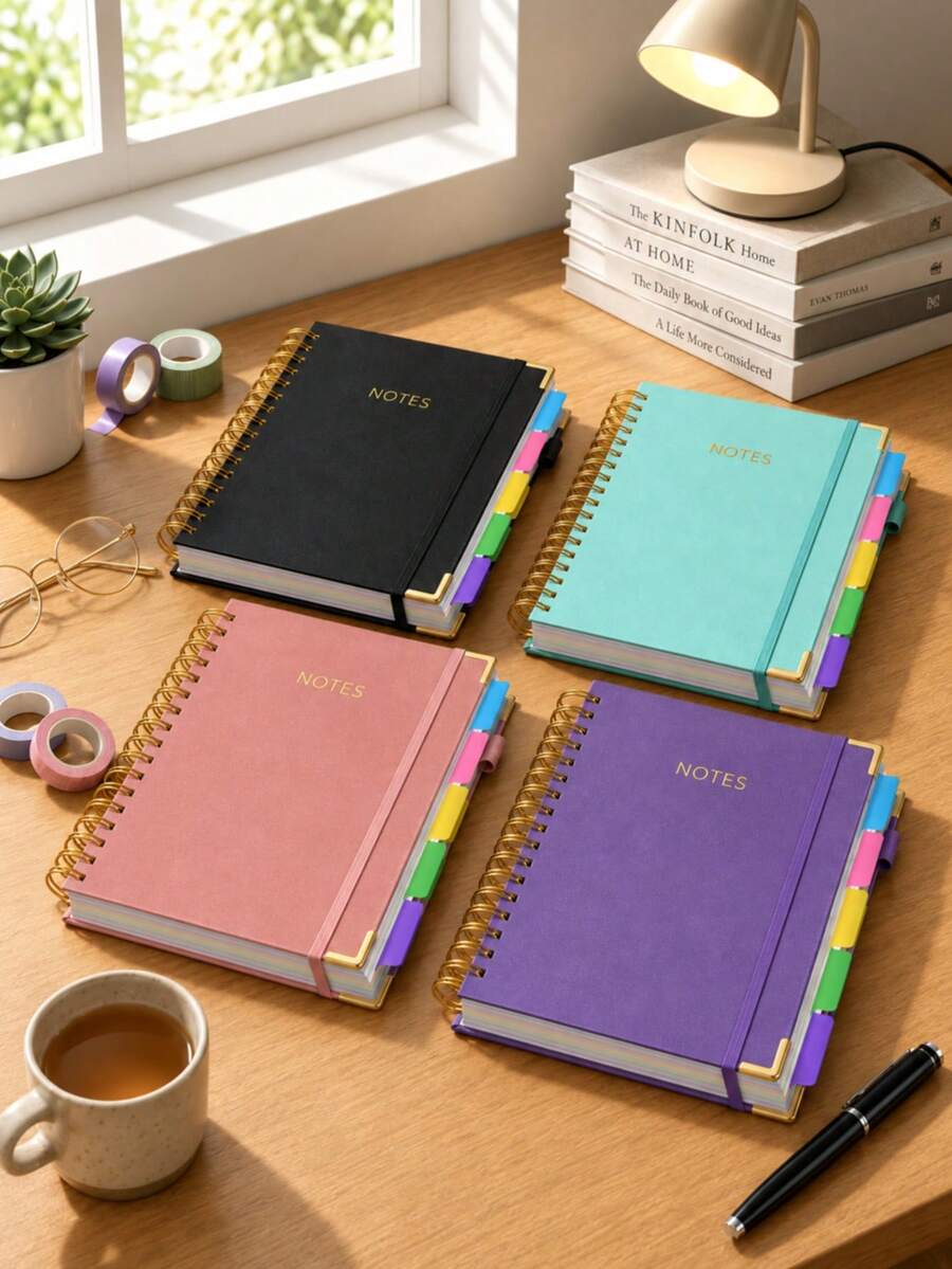 1pc A5 Double-Line Loose-Leaf Notebook, 300 Pages, 5 Divider Tabs & Writable Labels, PU Leather Hard Cover, 100gsm Bleed-Resistant Paper, With Pen Holder & Elastic Band, Suitable For Office, School, University, Meeting Notes, Daily Journal, Travel, Goal Tracking - Multicolor - View 1