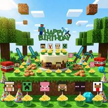 Cake Topper Set, Pixel Game Happy Birthday Cake Decorations, Big Cake Topper & Cupcake Toppers, Pixel Character Cupcake Picks For Birthday, Halloween, Thanksgiving, Christmas - Multicolor - View 1