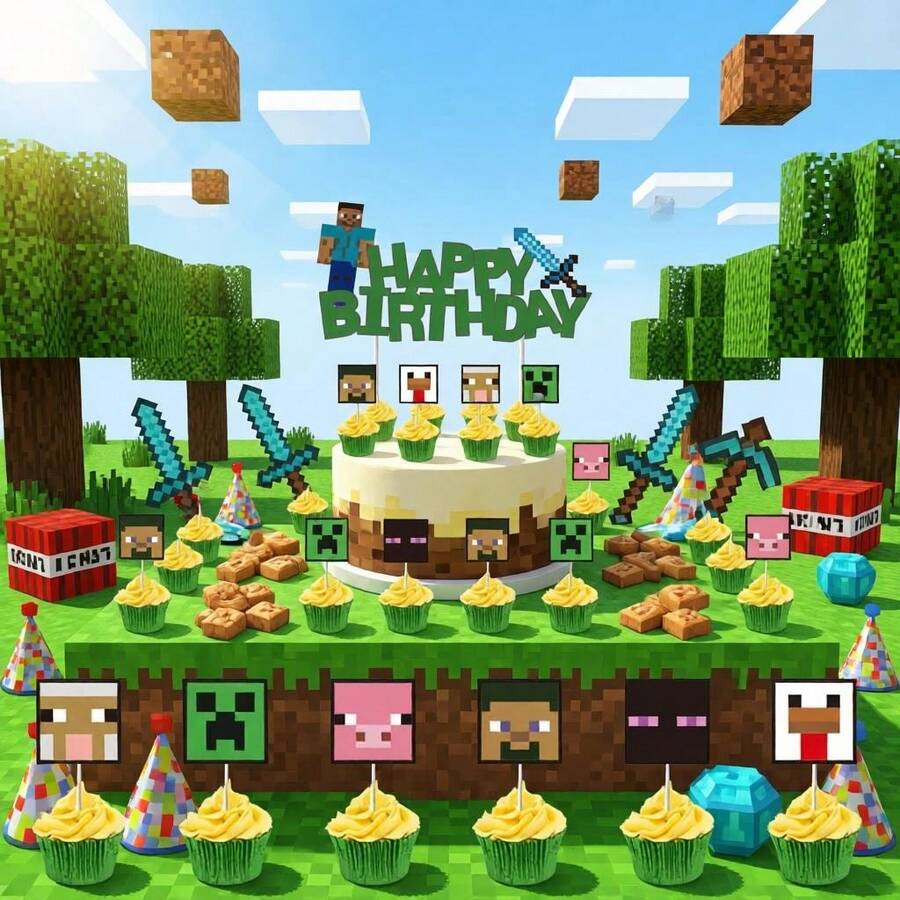 Cake Topper Set, Pixel Game Happy Birthday Cake Decorations, Big Cake Topper & Cupcake Toppers, Pixel Character Cupcake Picks For Birthday, Halloween, Thanksgiving, Christmas - Multicolor - View 1