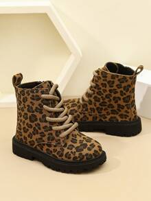 Children's Black Workwear Boots, Side Zipper + Lace-Up Design, Non-Slip Thick Sole Kids' Ankle Boots, - Khaki - View 6