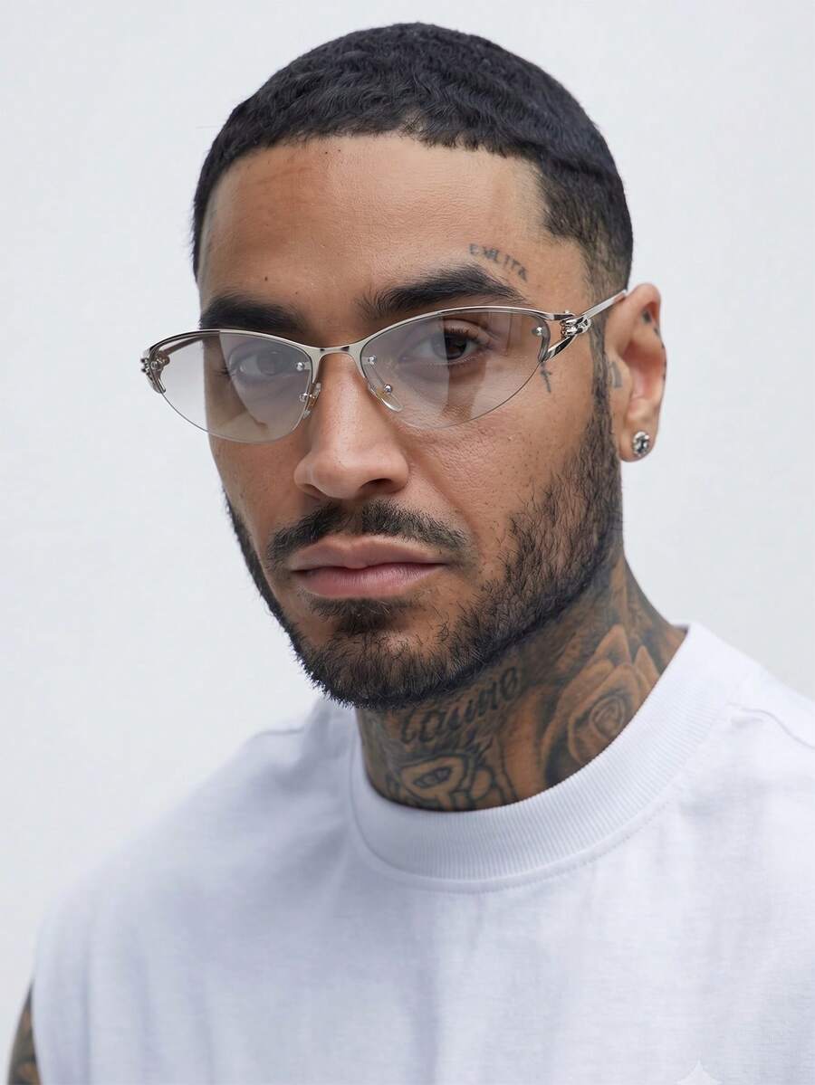 1 Pair Men's Silver Cat Eye Half-Frame Luxury Metal Thin Leg Fashion Glasses - Silver - View 1