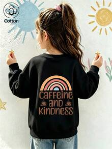 Girls' Cute Printed Drop-Shoulder Round-Neck Long-Sleeve Casual Sports Sweatshirt - Black - View 9