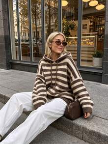 Women's Vintage Colorblock Striped Long Sleeve Loose Hooded Drawstring Knit Pullover, Autumn/Winter All-Match Everyday Outfit, Soft Comfortable Versatile Knit Top - Multicolor - View 4