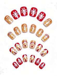 24pcs Short European-Style Square Fake Nails, Christmas Snowflakes, Gingerbread Men, Candy House Stripes. Full Coverage, Removable Nail Set, Suitable For Parties, Dances, And Everyday Wear. - Multicolor - View 4