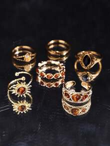 6pcs Vintage Unique High-End Luxury Elegant Creative Design Sun Amber Ring Set, Women's Daily Wear Wedding Holiday Party Gift Jewelry - Multicolor - View 5