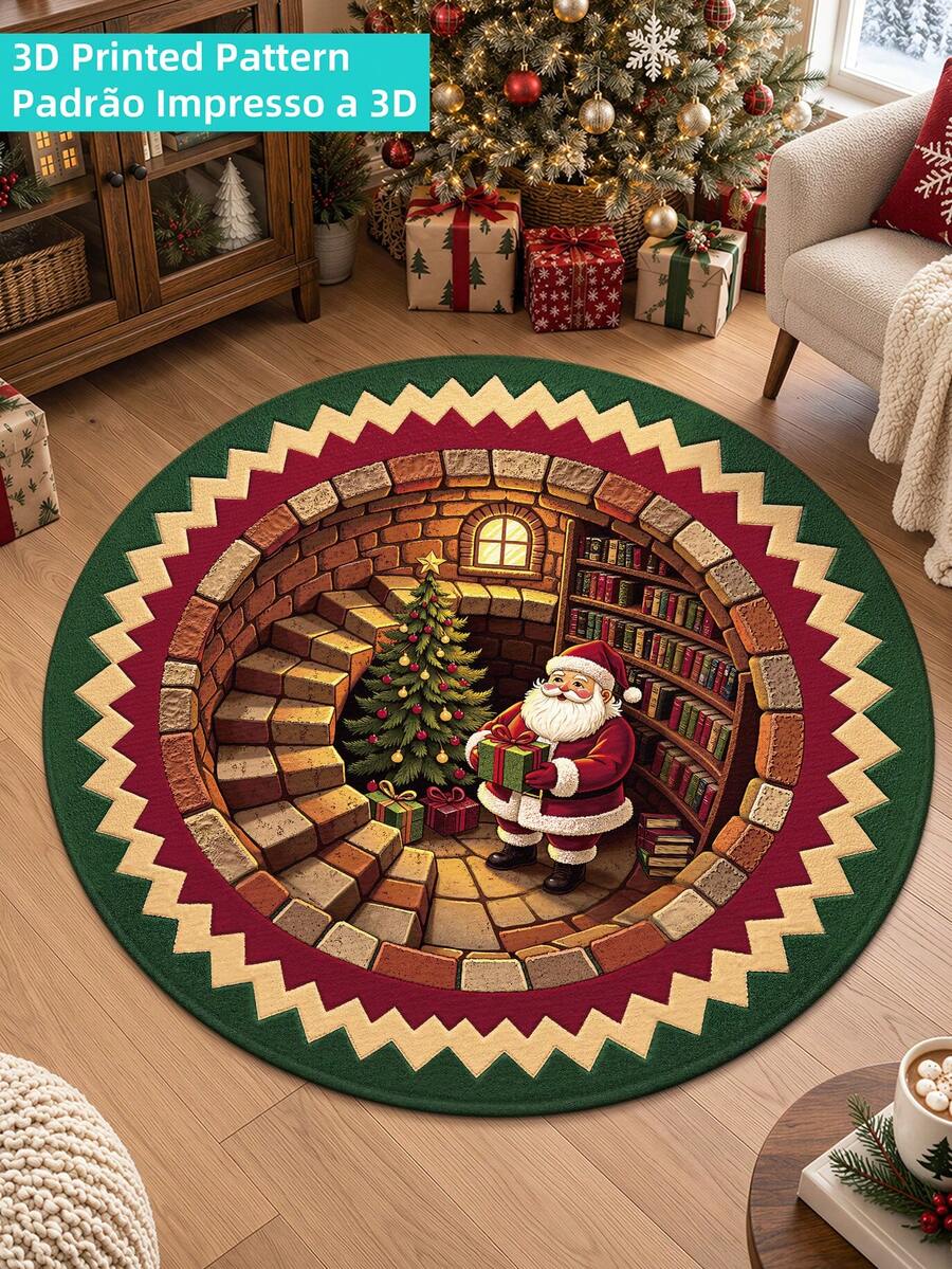 DAJIANG 1pc 3D Illusion Christmas Round Rug, Kitchen Rug, Hallway Rug, Area Rug, Suitable For Bathroom, Kitchen, Hallway, Bedroom, Living Room, Bedside, Machine Washable, Easy To Clean, Non-Slip Backing, Bedroom Decor Mat, Autumn/Winter Style