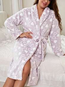 Plus Size Women's V-Neck Long Sleeve Flannel Thickened Robe Autumn Winter Elegant Heart Pattern With Waist Tie Loungewear - Grey - View 4