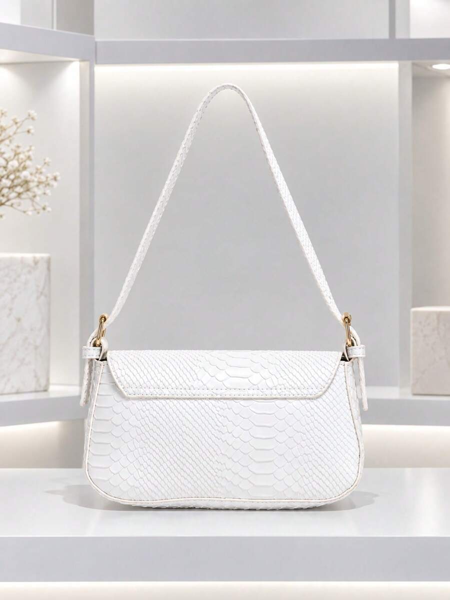 1pc Women's Fresh White Snakeskin Pattern Underarm Bag, Luxury Metal Lock, French Style, Daily Shoulder Bag - White - View 1