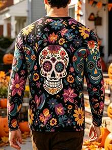 Men's Autumn/Winter Halloween Day Of The Dead Candy Skull Floral Button Long Sleeve T-Shirt - Multicolor - View 2