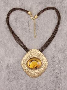 1pc Bohemian Style Multi-Layer Wax Rope Necklace, Asymmetrical Rhombus Alloy Inlaid Oval Resin Pendant Necklace, Casual Outdoor Outfit, Halloween Party Accessory, Gift For Girlfriend, Mother, Best Friend - Short - View 1