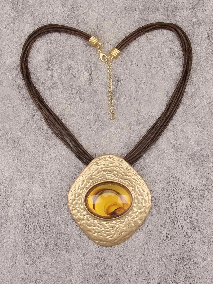1pc Bohemian Style Multi-Layer Wax Rope Necklace, Asymmetrical Rhombus Alloy Inlaid Oval Resin Pendant Necklace, Casual Outdoor Outfit, Halloween Party Accessory, Gift For Girlfriend, Mother, Best Friend - Short - View 1