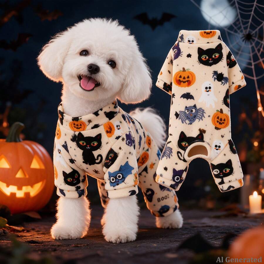 Opjoys 1pc Halloween Black Cat BOO! Print Dog , Halloween Style Skin-Friendly Knitted Four-Legged Design Round Neck Ribbed Cuff Warm Belly Protection Anti-Shedding Pet Home Wear Spring Autumn Daily - White - View 1