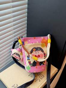 1pc Girls Cartoon Print Nylon Magnetic Closure Fashion Handbag Crossbody Bag Suitable For All Seasons Daily Use With Pendant - A - View 11
