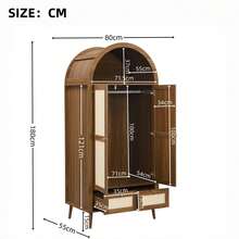 Flieks Arched Wardrobe With 2 Doors & 2 Drawers, 180cm Tall Beige Rattan-Effect Double Wardrobe In Walnut Finish With Hanging Rail & Display Shelf - Walnut - View 4