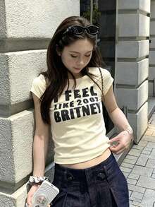 Letter Print Round Neck Fitted Short Sleeve T-Shirt For Women, Summer Casual, Streetwear - Apricot - View 4