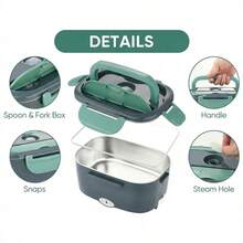 SMEGGEMS Kotak Makan Elektrik 1,6L untuk Kantor, Wadah Stainless Steel 304 yang Dapat Dilepas, Penghangat Makanan Portabel dengan Pemanas Cepat, Cocok untuk Mobil dan Rumah, Kotak Makan Anti Bocor dengan Tempat Penyimpanan Peralatan Makan, Garpu, Sendok, dan Tas Jinjing - Dark Green - View 5