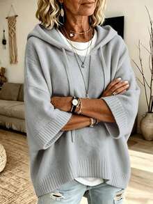 Women's Solid Color Drop Shoulder Drawstring Hooded Loose Sweater - Light Grey - View 2
