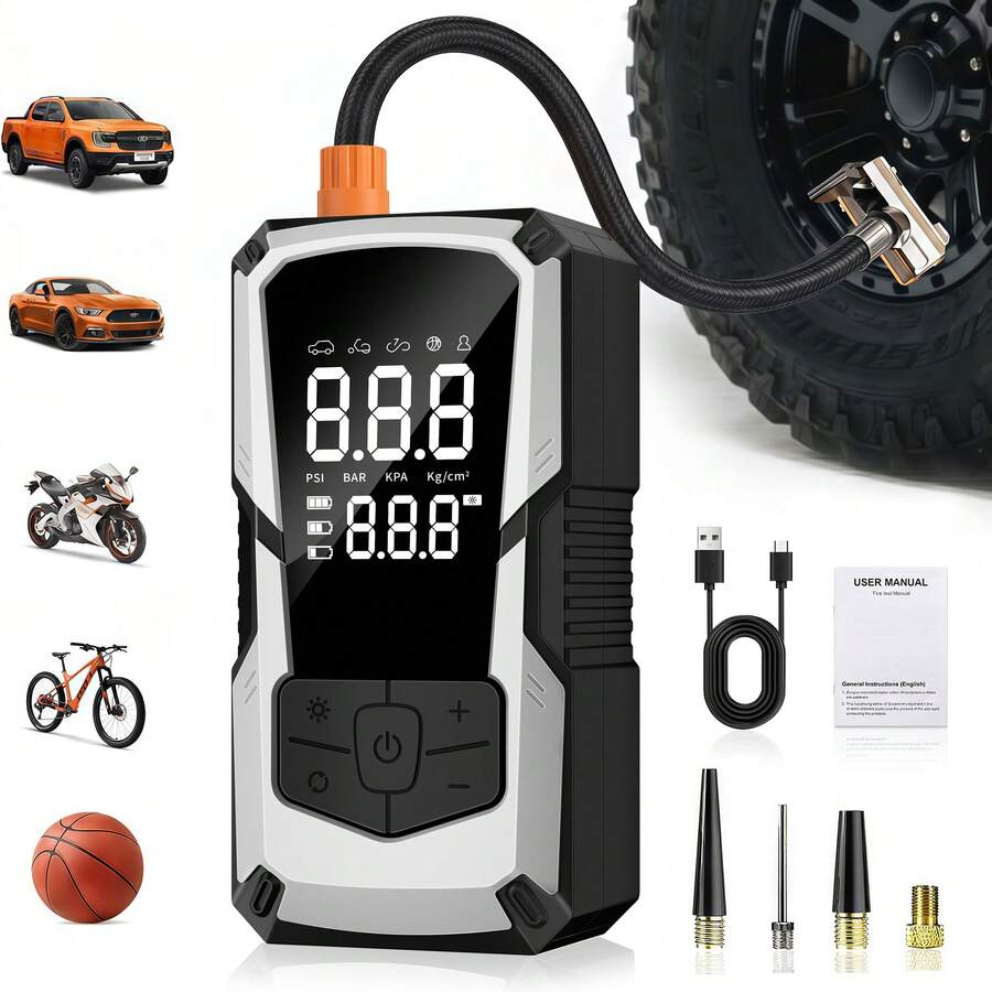 1 PC Electric Tire Inflator Portable Air Compressor, 1500mAh Battery Powered Cordless Rechargeable Air Pump, 150PSI Automatic Shut-Off Tire Pump With Digital Display, LED Flashlight, USB-C, For Car Motorcycle Bicycle Ball