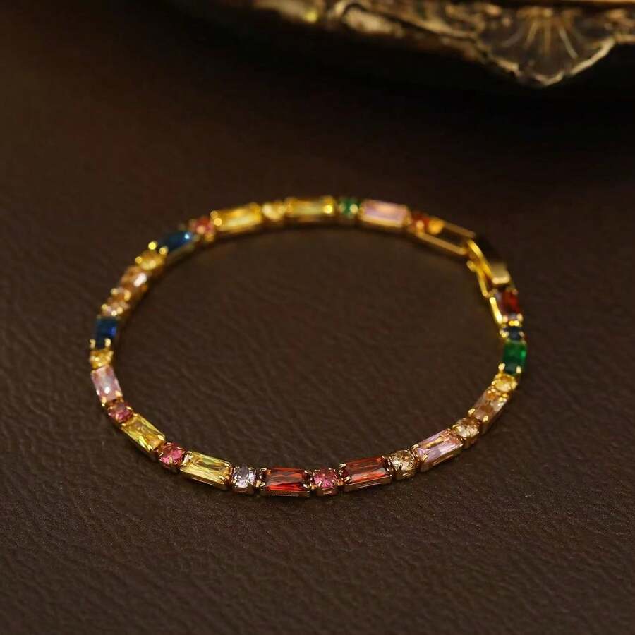 Fashionable & Colorful Cubic Zirconia Bracelet With Unique Design, Sweet, Fresh And Simple Style With Buckle Clasp - Yellow Gold - View 1