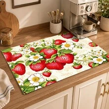 1pc Red Strawberry & White Floral Kitchen Drain Mat Table Mat, Fruit & Plant Print Dining Table Mat Coffee Table Mat, Country Farmhouse Style Desktop Decor Mat, Spring & Summer Kitchen Dining Home Decor - Multicolor - View 3