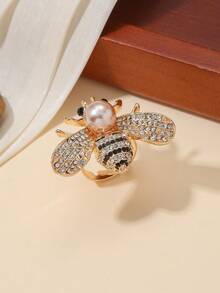 Cross-Border Hot-Selling Creative Bee Jewelry, Rhinestone Faux Pearl Oil-Drop Inlaid Insect Ring, Vintage Luxury Coat Accessory Gift - Gold - View 8