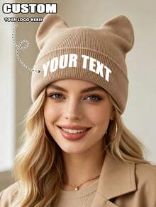 1 chiếc mũ len beanie tai mèo đan tùy chỉnh, mũ mùa đông in chữ cá nhân hóa, phong cách Hàn Quốc Y2K dễ thương, mũ ấm có gập vành - Nhiều màu - Xem 1