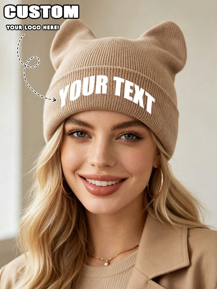 1 chiếc mũ len beanie tai mèo đan tùy chỉnh, mũ mùa đông in chữ cá nhân hóa, phong cách Hàn Quốc Y2K dễ thương, mũ ấm có gập vành - Nhiều màu - Xem 1