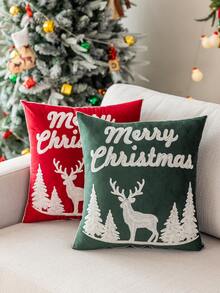 1pc 3D Embroidered Velvet Deer & Tree Pillow Case, Without Pillow Insert, Christmas Theme, All-Season Decorative Cushion Cover, Suitable For Living Room, Bedroom, Machine Washable - Red Cloth Reindeer With Tree - View 9
