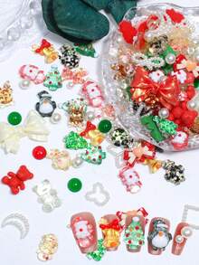 Dekorasi Seni Kuku Natal Campuran Lonceng Santa Claus Rusa Kutub Pohon Natal Hijau Pita Merah Besar yang Berlebihan Aksesoris DIY - MultiWarna - View 2