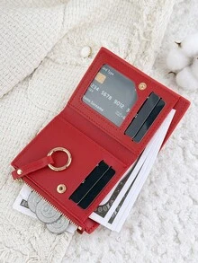 Women's Multifunctional Short Wallet With Zipper, Foldable Buckle Credit Card Storage Bag, Small Wristband Circle Decoration, Suitable For Outdoor Use - Red - View 6
